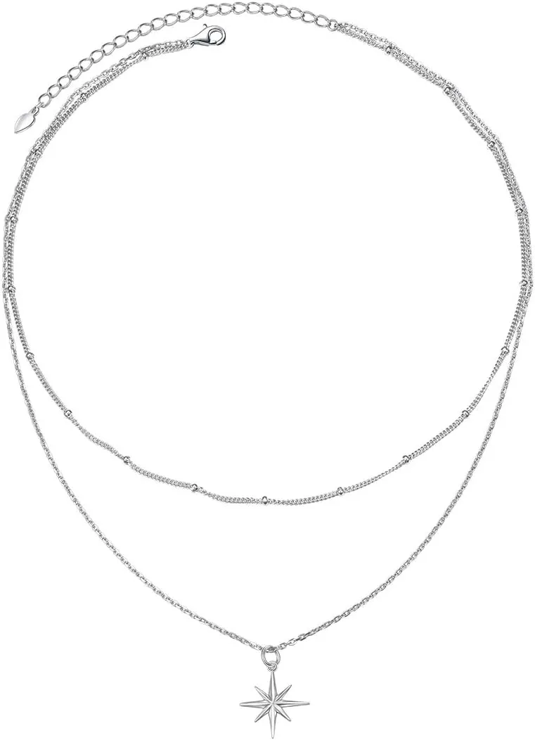 Layered Choker Necklace S925 Sterling Silver Star Full Moon Daisy Flower Pendant Disc Jewelry Adjustable Clavicle Necklaces for Women Girls Birthday Gifts