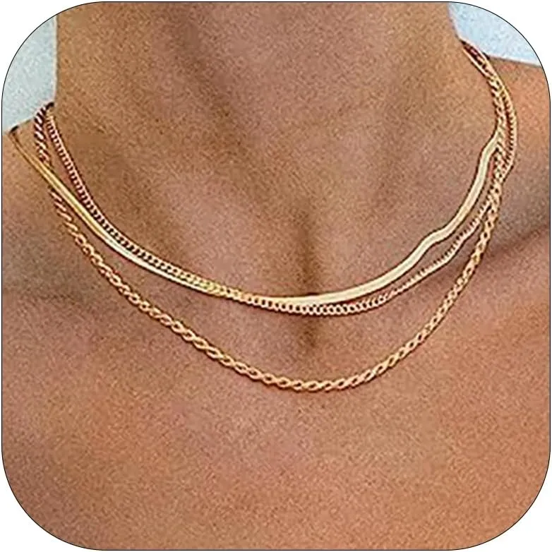 Layered Necklaces for Women Trendy 14k Gold Necklace Stack Chunky Herringbone Paperclip Chain Charm Necklace Gold Jewelry Country Concert Outfits for Women