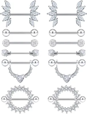 Lcolyoli 14G Surgical Steel Nipple Rings Nipple Shield Barbell Ring Bar Nipple Piercing Jewelry for Women Clear Diamond CZ Set