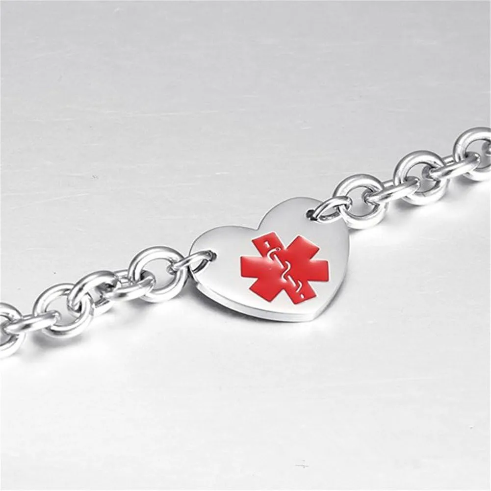LF 316L Stainless Steel DNR Engraved Medical Alert Heart Charm Link Bracelet Rolo Chain Medic ID Bracelets Monitoring Awareness for Womens for Outdoor Emergency,Do Not Resuscitate