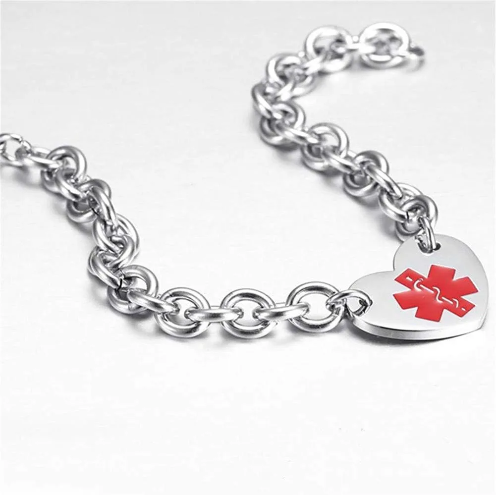 LF 316L Stainless Steel DNR Engraved Medical Alert Heart Charm Link Bracelet Rolo Chain Medic ID Bracelets Monitoring Awareness for Womens for Outdoor Emergency,Do Not Resuscitate
