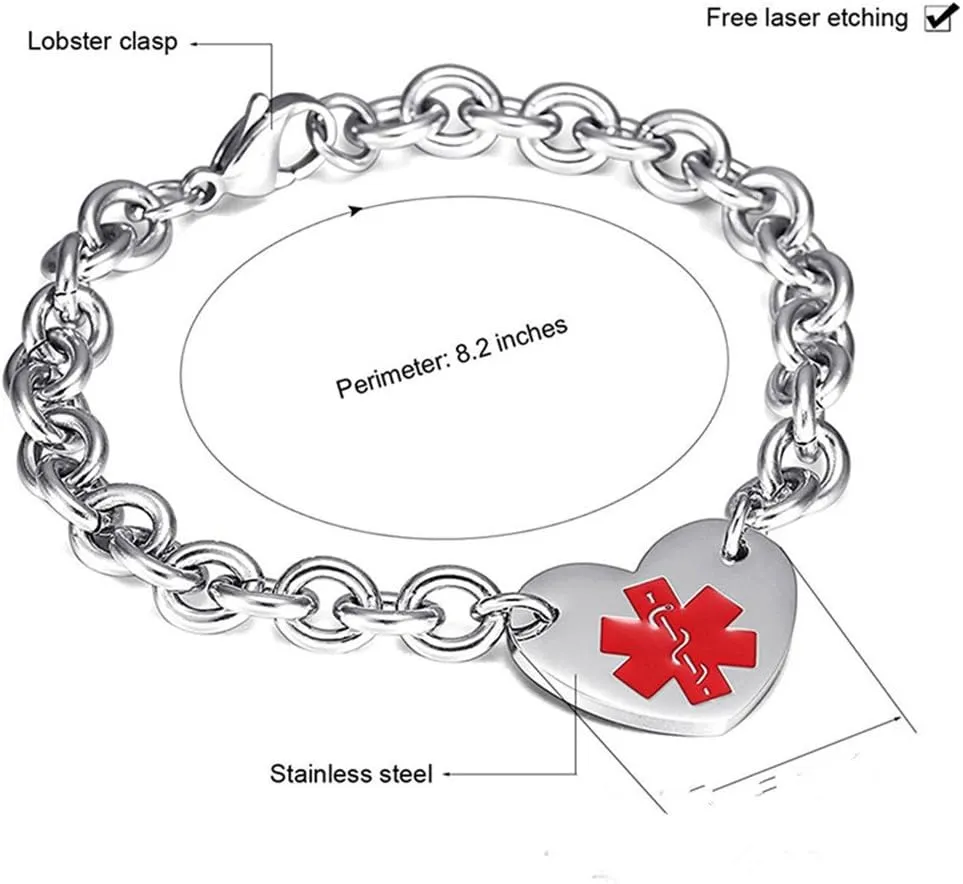 LF 316L Stainless Steel DNR Engraved Medical Alert Heart Charm Link Bracelet Rolo Chain Medic ID Bracelets Monitoring Awareness for Womens for Outdoor Emergency,Do Not Resuscitate
