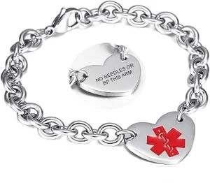 LF 316L Stainless Steel DNR Engraved Medical Alert Heart Charm Link Bracelet Rolo Chain Medic ID Bracelets Monitoring Awareness for Womens for Outdoor Emergency,Do Not Resuscitate