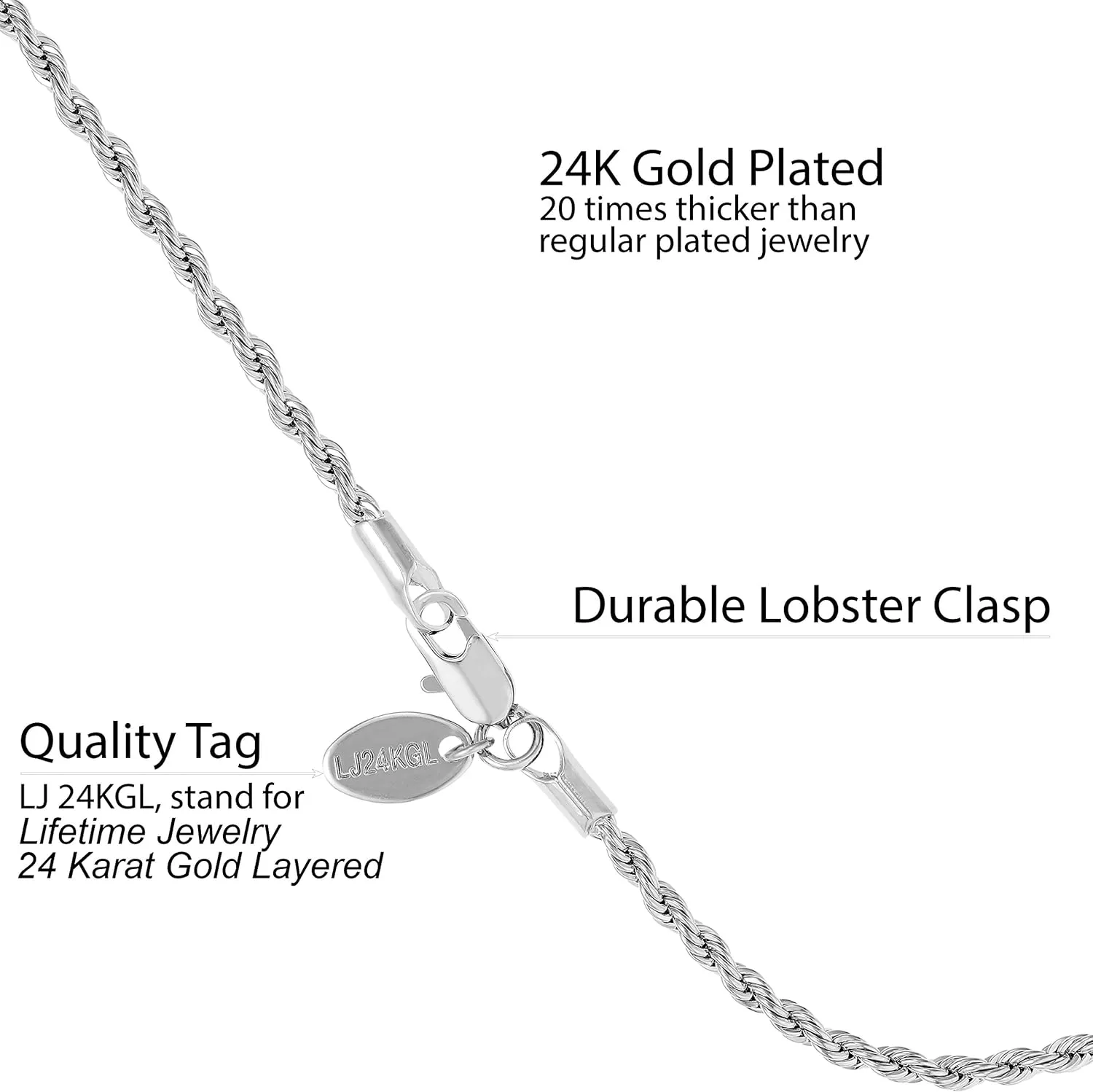 LIFETIME JEWELRY Womens 2mm Rope Chain Bracelet 24k Real Gold Plated