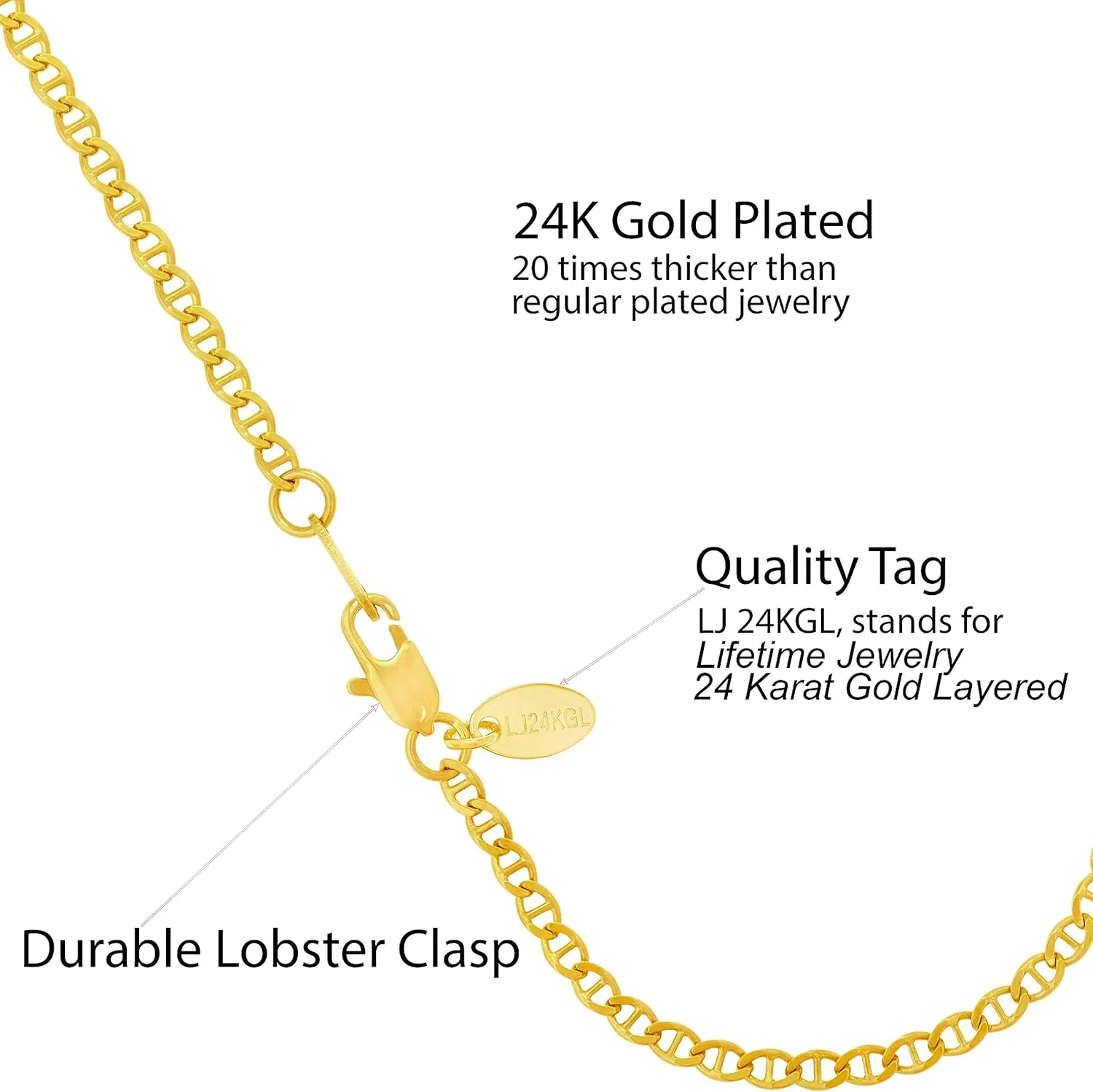 LIFETIME JEWELRY Womens Gold Anklet 2.6mm Mariner Ankle Bracelet 24k Gold Plated