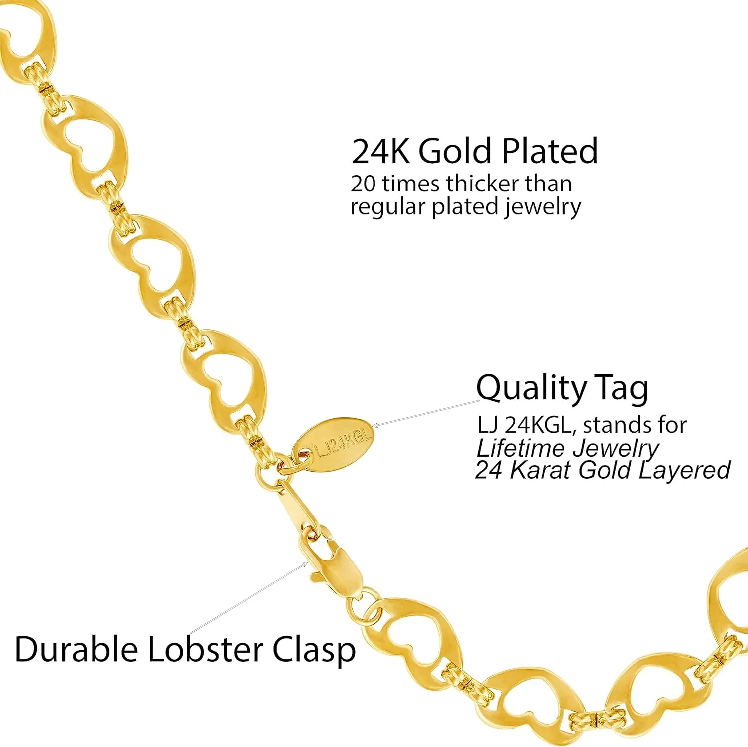 LIFETIME JEWELRY Womens Gold Anklet Flat Heart Link Ankle Bracelet 24k Gold Plated