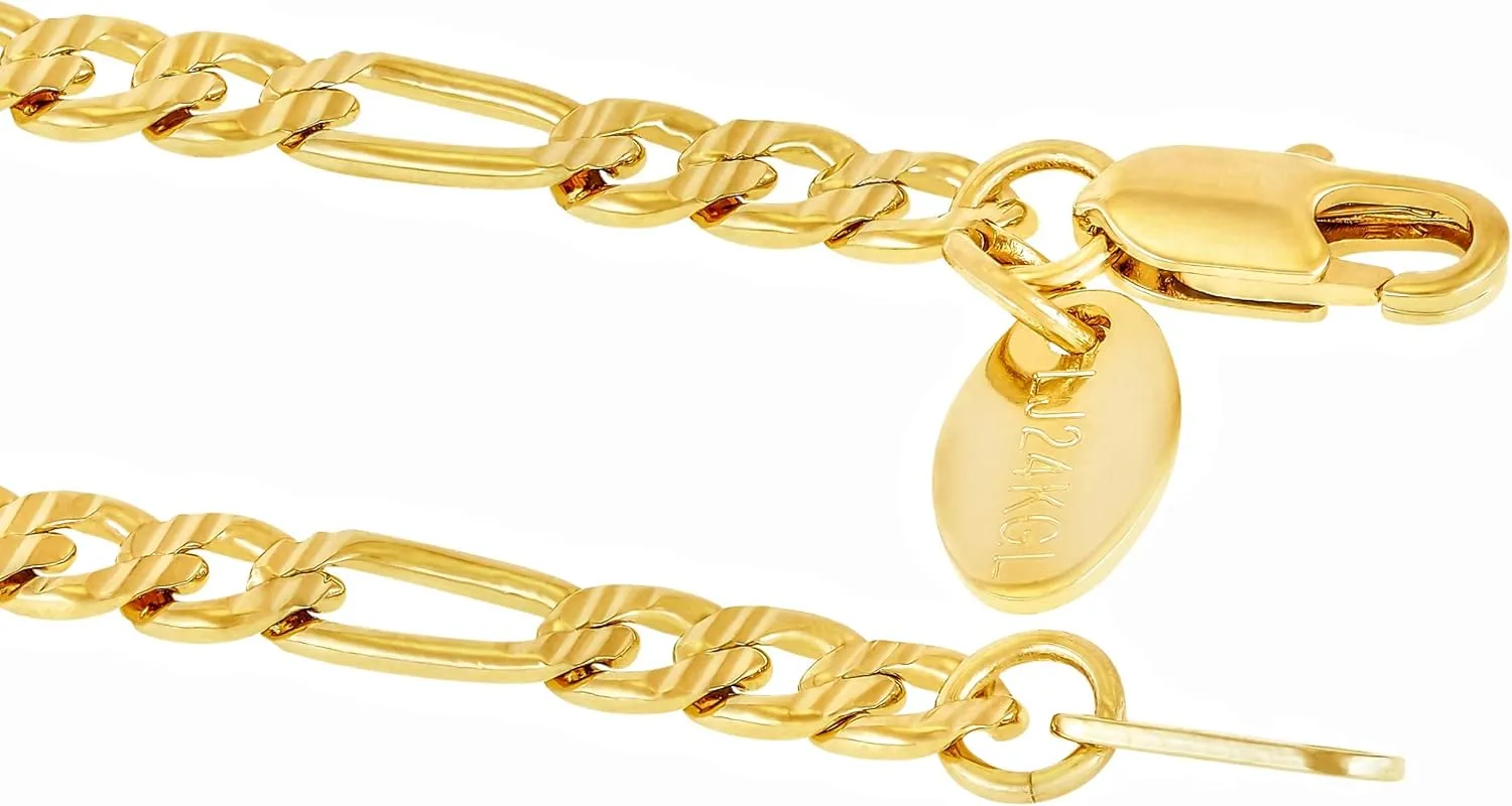 LIFETIME JEWELRY Womens Gold Anklet Swiss Cut Figaro Ankle Bracelet 24k Real Gold Plated (4mm and 5mm)