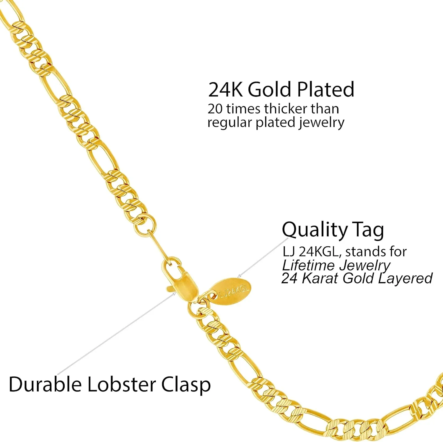 LIFETIME JEWELRY Womens Gold Anklet Swiss Cut Figaro Ankle Bracelet 24k Real Gold Plated (4mm and 5mm)