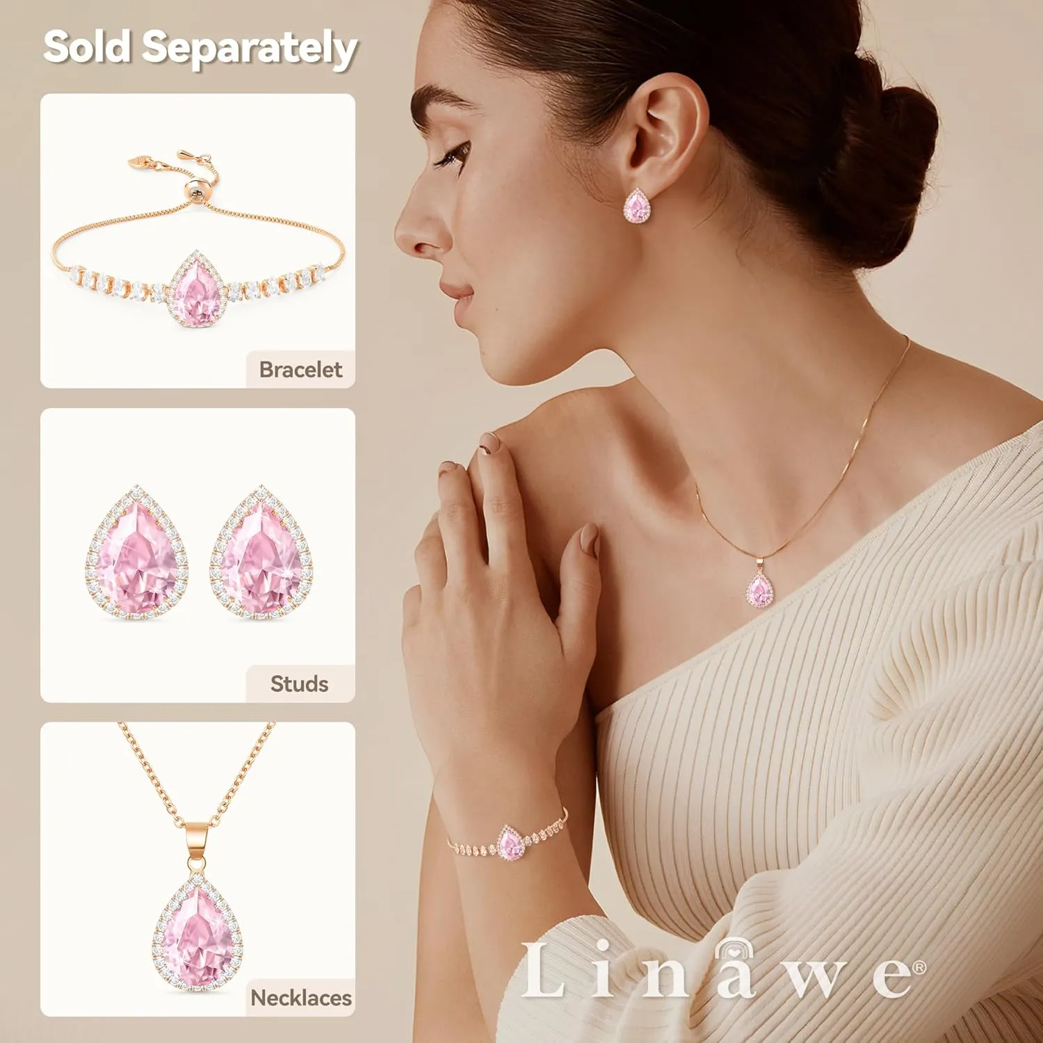 Linawe Crystal Imitation Diamond Rhinestone Charm Bracelets for Women, Gold/Silver/Rose Gold Adjustable Chain Bracelet, Teardrop Birthstone Cubic Zirconia Prom Costume Wedding Jewelry
