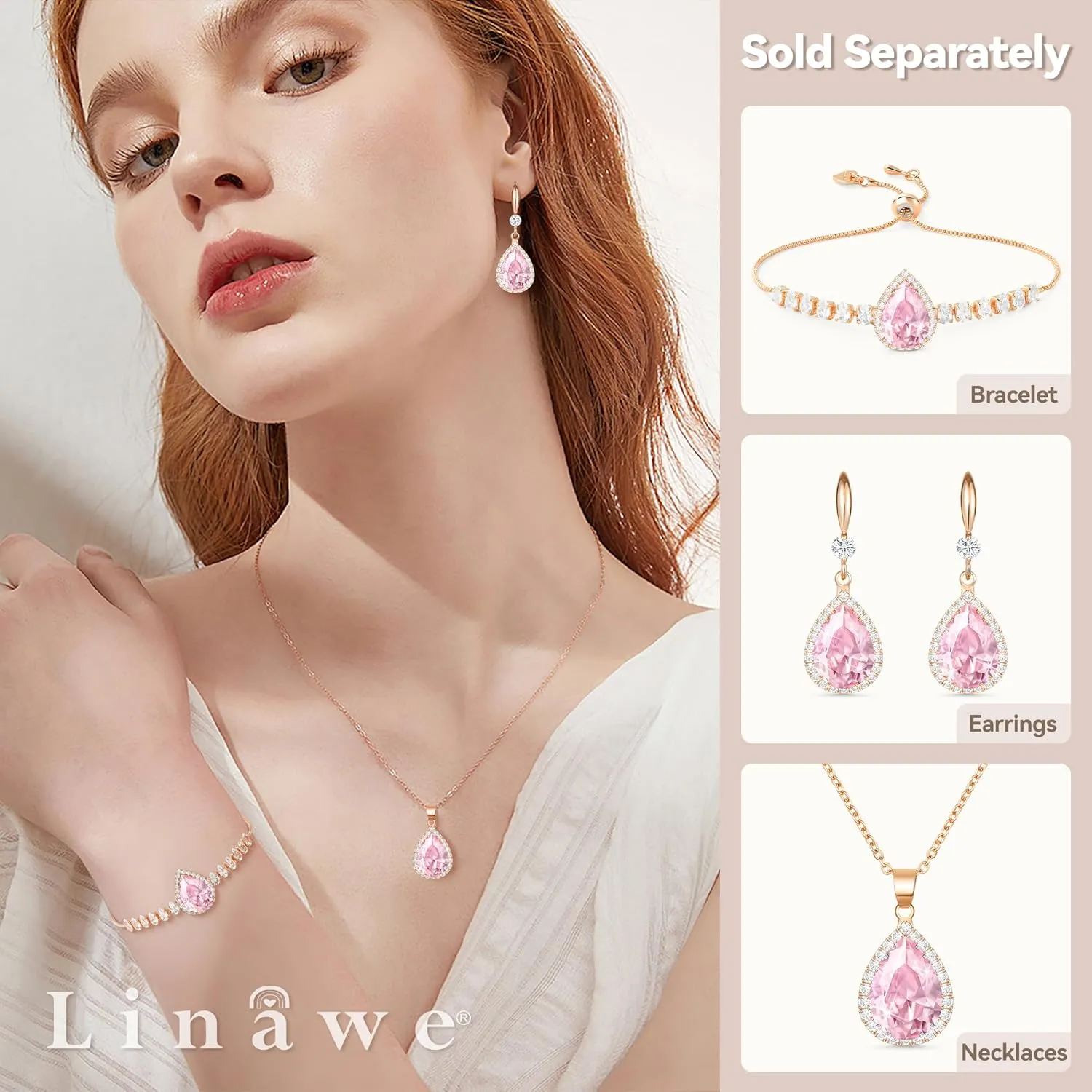 Linawe Crystal Imitation Diamond Rhinestone Charm Bracelets for Women, Gold/Silver/Rose Gold Adjustable Chain Bracelet, Teardrop Birthstone Cubic Zirconia Prom Costume Wedding Jewelry