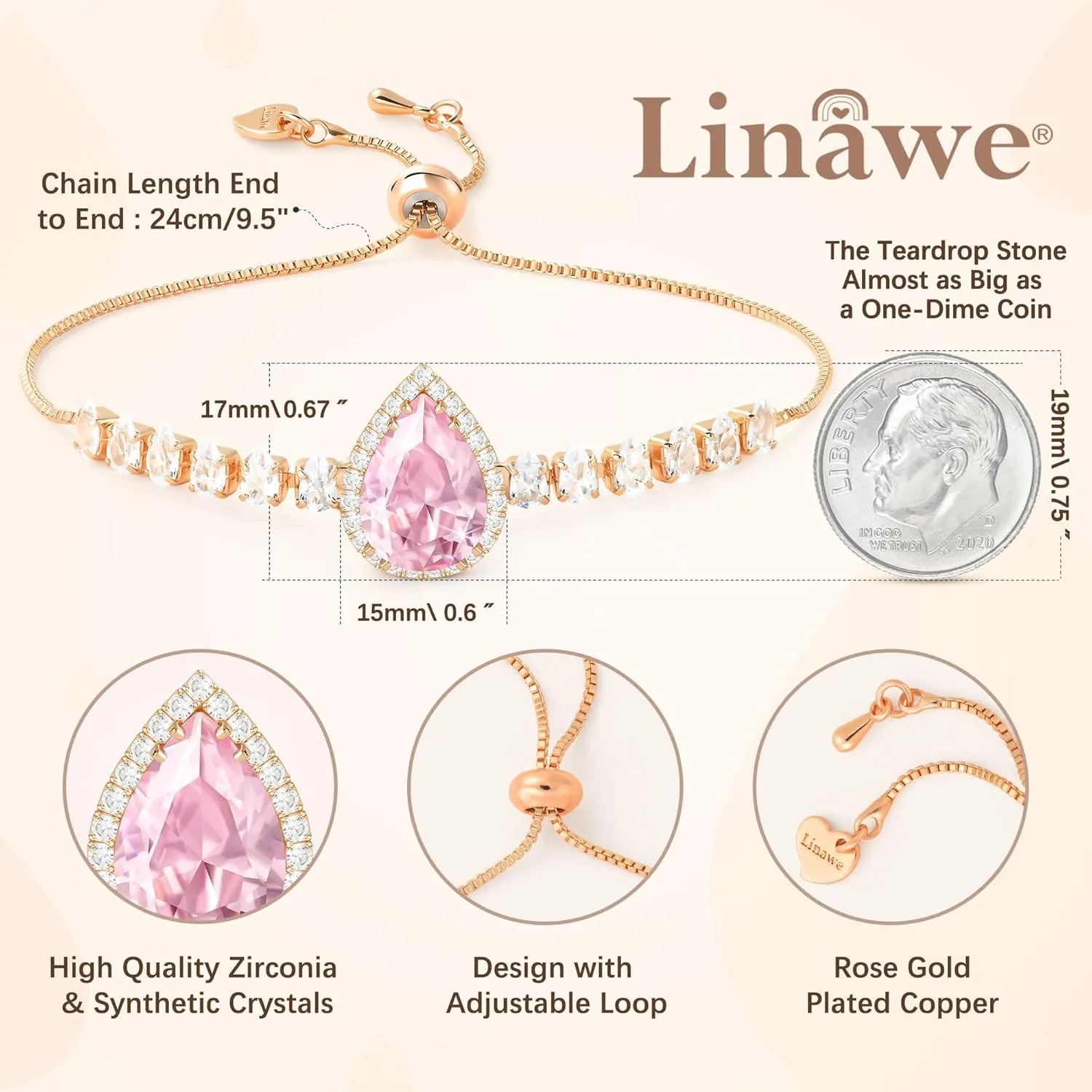 Linawe Crystal Imitation Diamond Rhinestone Charm Bracelets for Women, Gold/Silver/Rose Gold Adjustable Chain Bracelet, Teardrop Birthstone Cubic Zirconia Prom Costume Wedding Jewelry