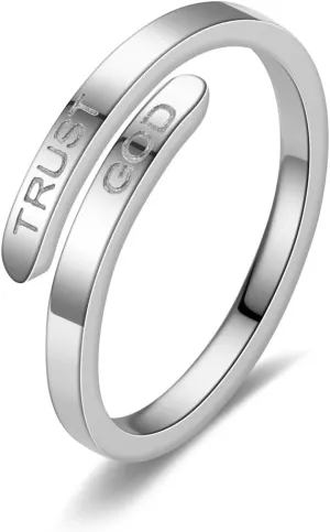 LIU JUN Trust God Ring For Women, Inspirational Ring Engraved TRUST GOD Fashion Stainless Steel Adjustable Religious Faith Rings for Women Men Jewelry Gifts