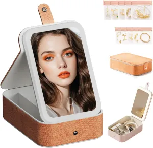 LiveGo 3-Color LED Travel Jewelry Case and Makeup Bag with Mirror, Dust-Proof Jewelry Box, 10 Sealed Jewelry Bags - Compact Cosmetic Mirror Case for Women Girls Travel Essentials (Orange, L)