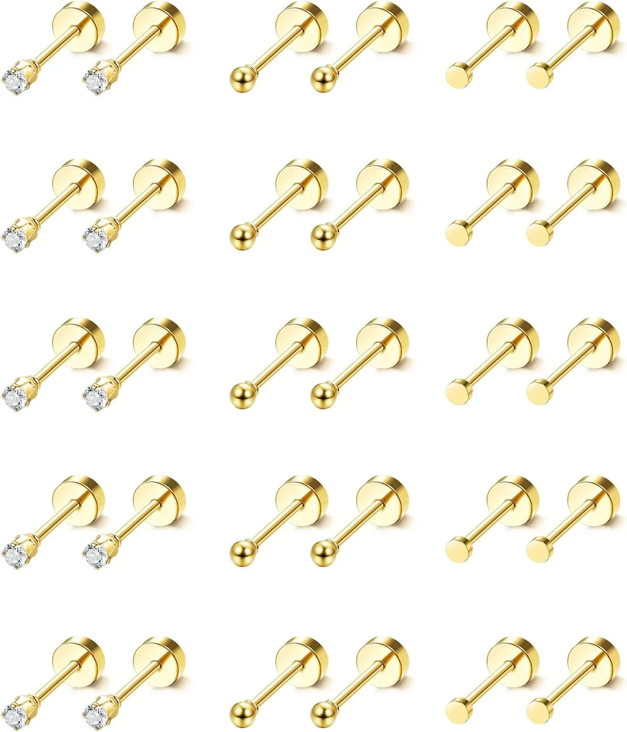 LOLIAS 15 Pairs Tiny Surgical Steel Gold Stud Earrings, Comfortable Screw Back Flat Back Earrings with CZ Dot Ball Stones, 2mm, 20G