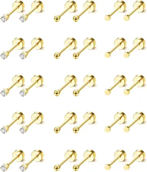 LOLIAS 15 Pairs Tiny Surgical Steel Gold Stud Earrings, Comfortable Screw Back Flat Back Earrings with CZ Dot Ball Stones, 2mm, 20G