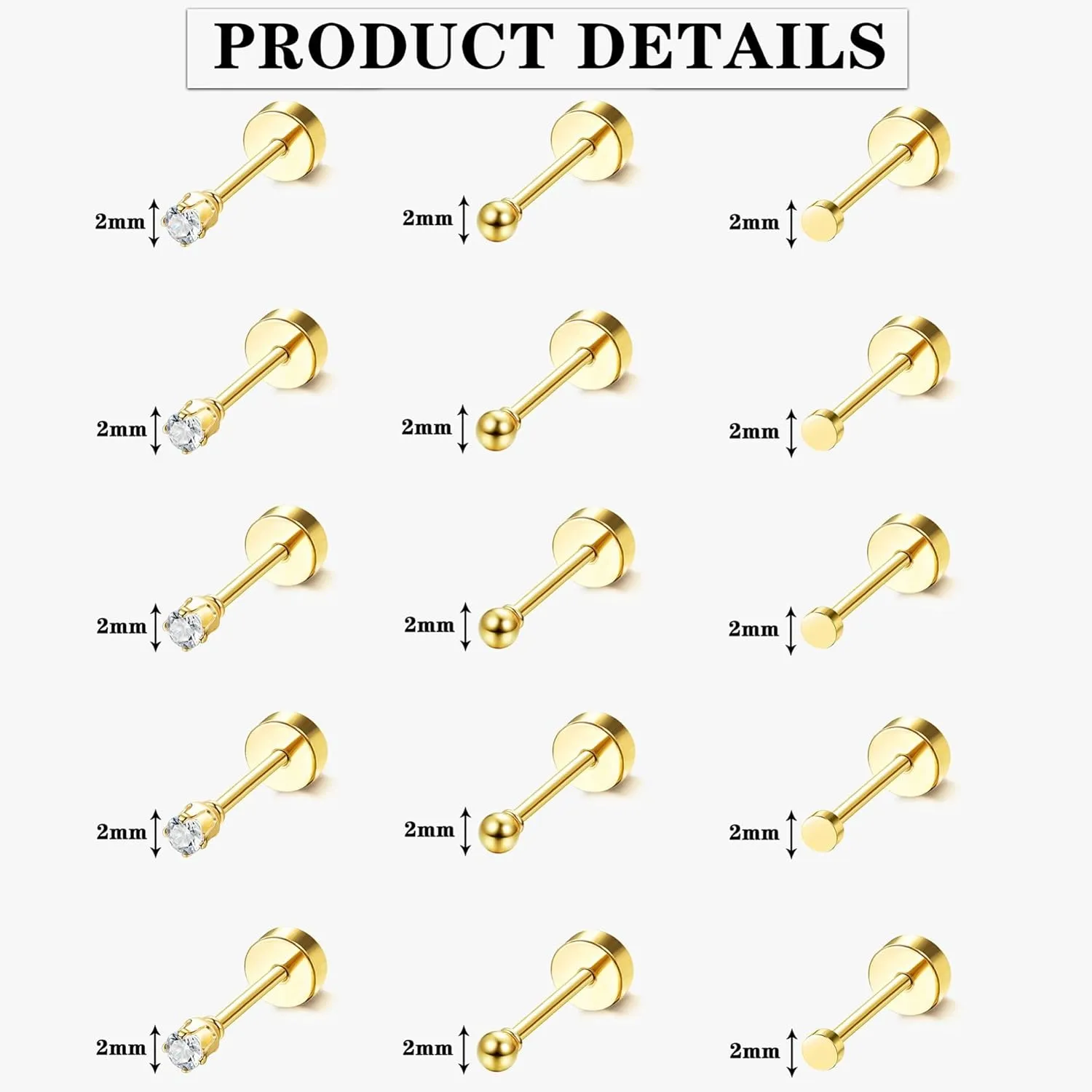LOLIAS 15 Pairs Tiny Surgical Steel Gold Stud Earrings, Comfortable Screw Back Flat Back Earrings with CZ Dot Ball Stones, 2mm, 20G