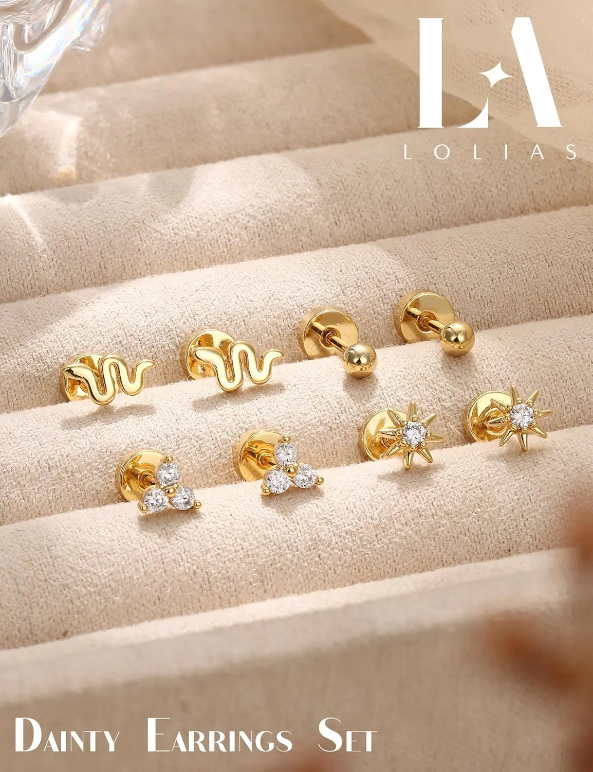LOLIAS Dainty Hypoallergenic Flat Back Stud Earrings for Women Trendy | 14K Gold Filled Cartilage Earring Helix Conch Tragus Piercing Jewelry | Small Surgical Stainless Steel Earring Sets 20G