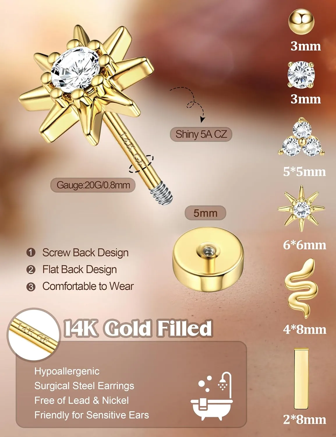 LOLIAS Dainty Hypoallergenic Flat Back Stud Earrings for Women Trendy | 14K Gold Filled Cartilage Earring Helix Conch Tragus Piercing Jewelry | Small Surgical Stainless Steel Earring Sets 20G