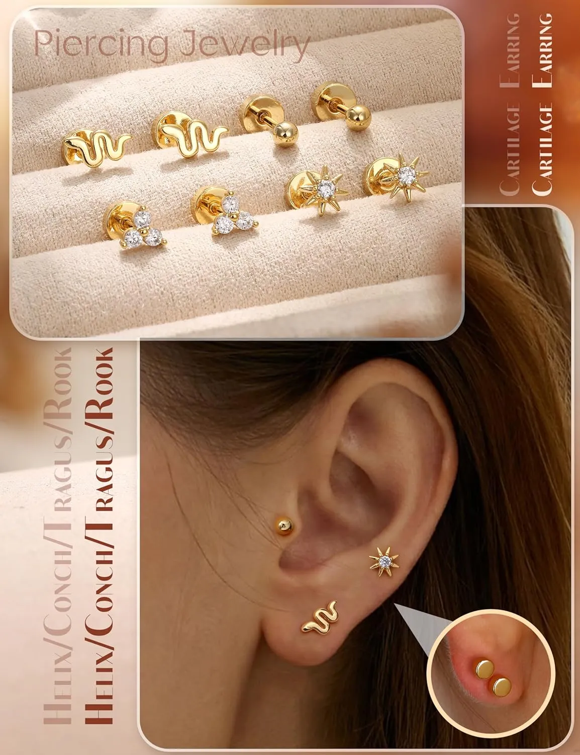 LOLIAS Dainty Hypoallergenic Flat Back Stud Earrings for Women Trendy | 14K Gold Filled Cartilage Earring Helix Conch Tragus Piercing Jewelry | Small Surgical Stainless Steel Earring Sets 20G