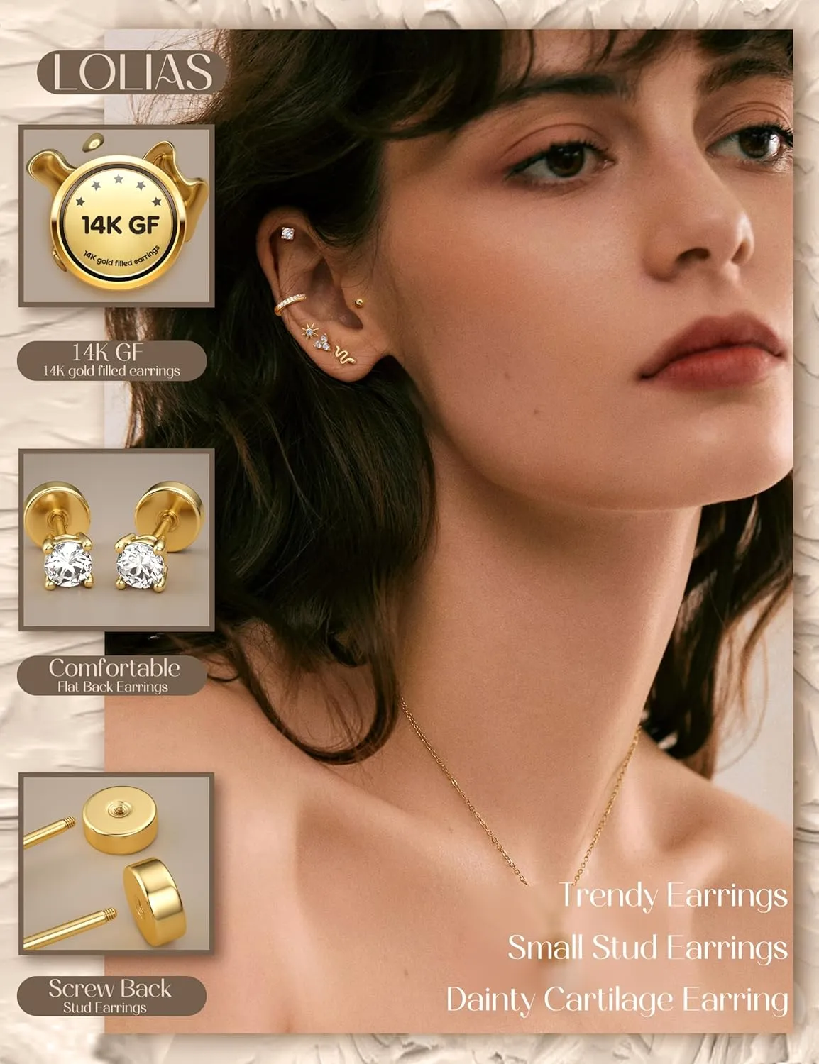 LOLIAS Dainty Hypoallergenic Flat Back Stud Earrings for Women Trendy | 14K Gold Filled Cartilage Earring Helix Conch Tragus Piercing Jewelry | Small Surgical Stainless Steel Earring Sets 20G