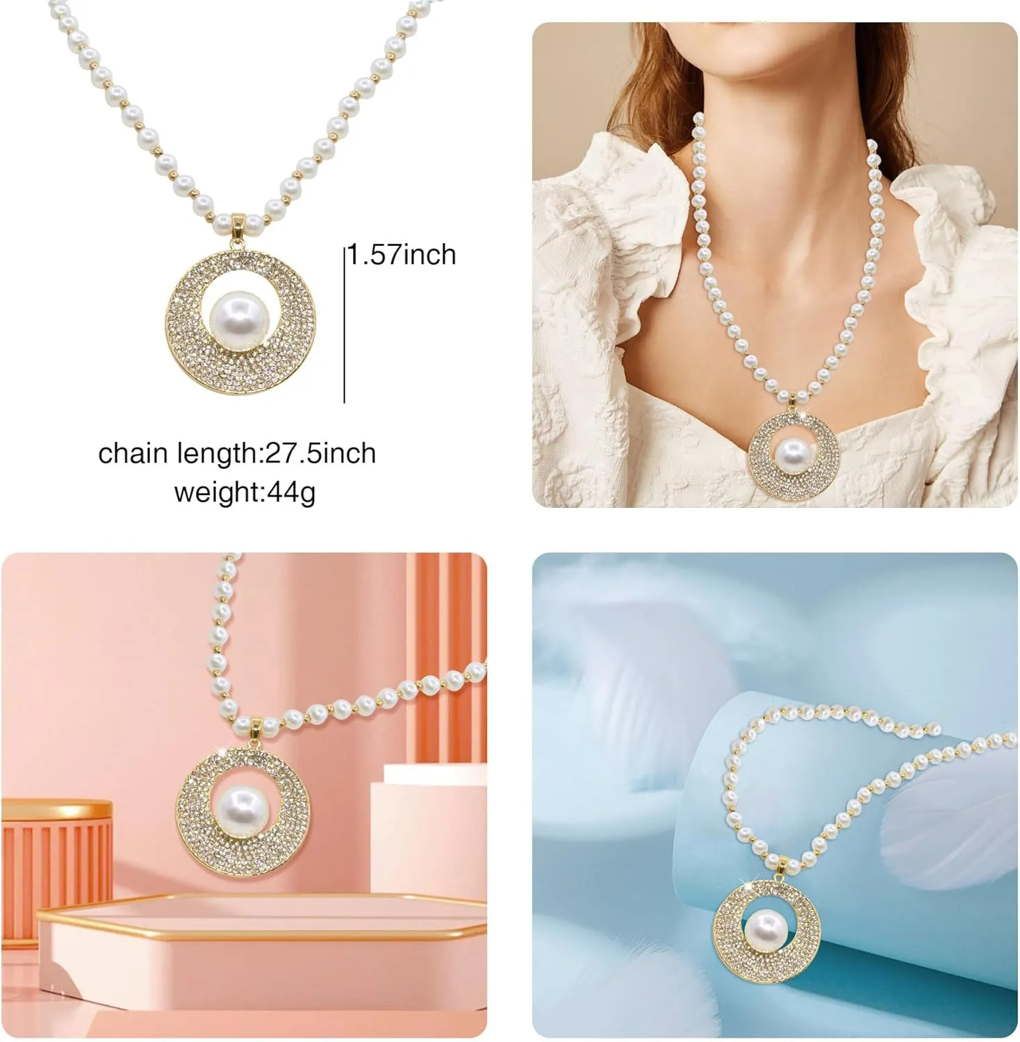 Long Crystal Flower Pendant Necklace for Women Large Rhinestone Floral Pendant Pearl Beaded Necklaces Gold Plated Sweater Statement Necklace Fashion Jewelry for Women