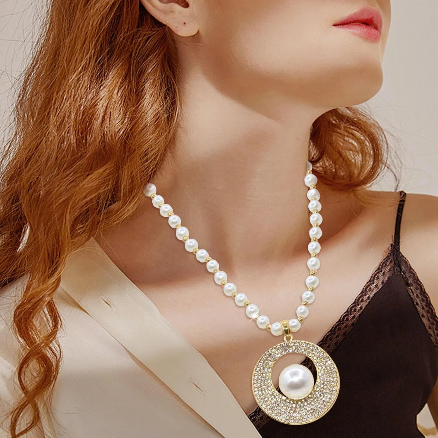 Long Crystal Flower Pendant Necklace for Women Large Rhinestone Floral Pendant Pearl Beaded Necklaces Gold Plated Sweater Statement Necklace Fashion Jewelry for Women