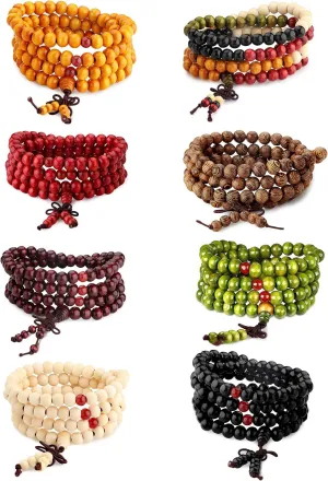 LOYALLOOK 8Pcs 108 Mala Bead Bracelets 8MM Tibetan Buddha Wood Beaded Sandalwood Link Wrist Necklace Chain Bracelets Multilayer Buddhist Prayer Strand Bracelet Meditation Necklace Elastic Chinese Knot