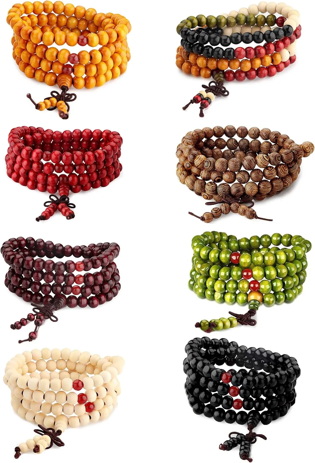 LOYALLOOK 8Pcs 108 Mala Bead Bracelets 8MM Tibetan Buddha Wood Beaded Sandalwood Link Wrist Necklace Chain Bracelets Multilayer Buddhist Prayer Strand Bracelet Meditation Necklace Elastic Chinese Knot