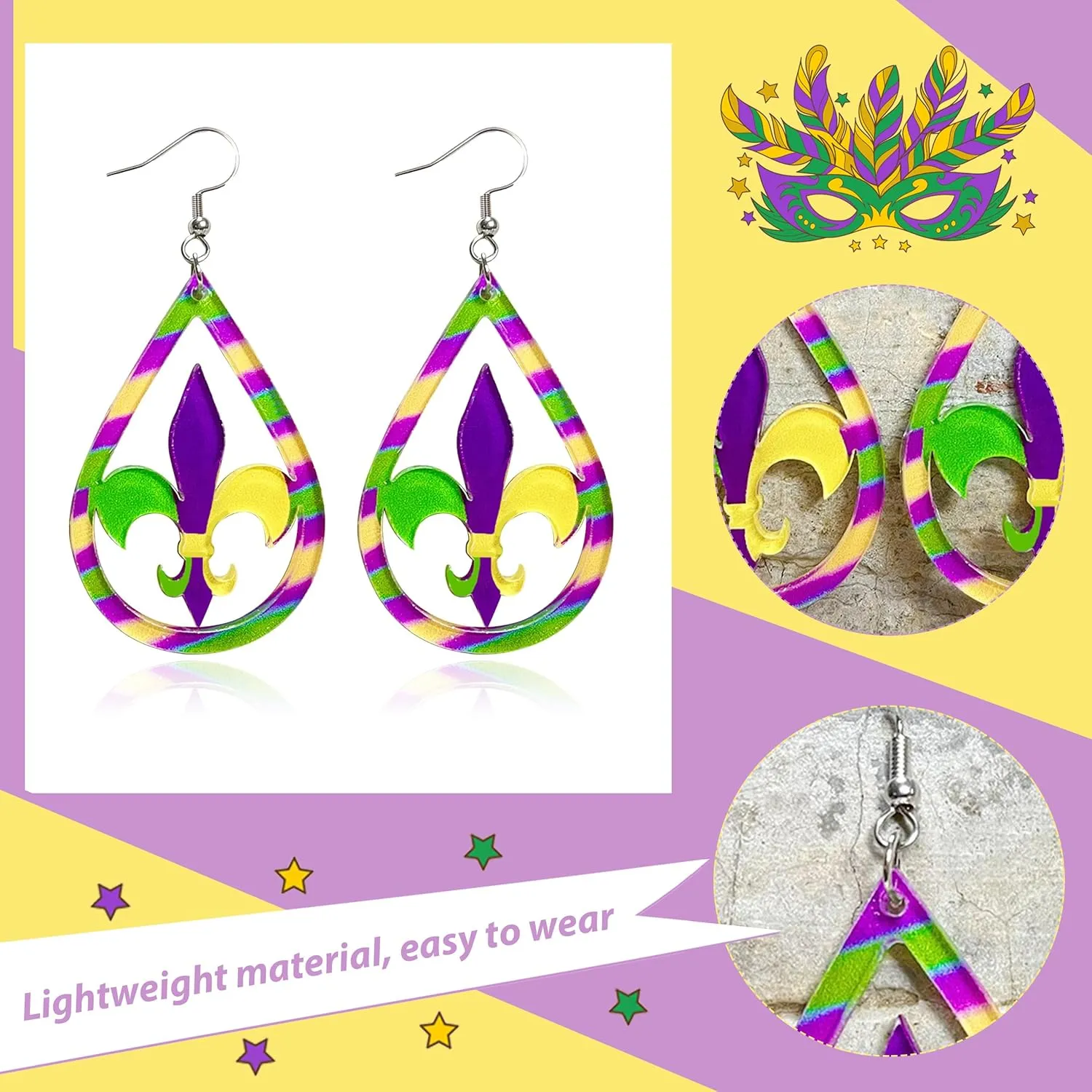 Mardi Gras Earrings Mardi Gras Outfit Shirts for Women Acrylic Carnival Dangle Earrings Jewelry Mardi Gras Accessories for Women
