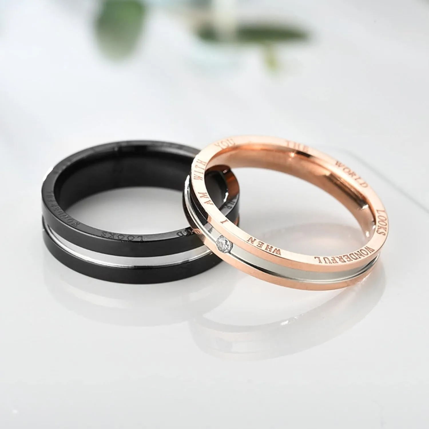 Matching Rings Black Rose Gold Ring The World Looks Wonderful When I Am With You, White Zircon Round Stainless Steel Couple Rings