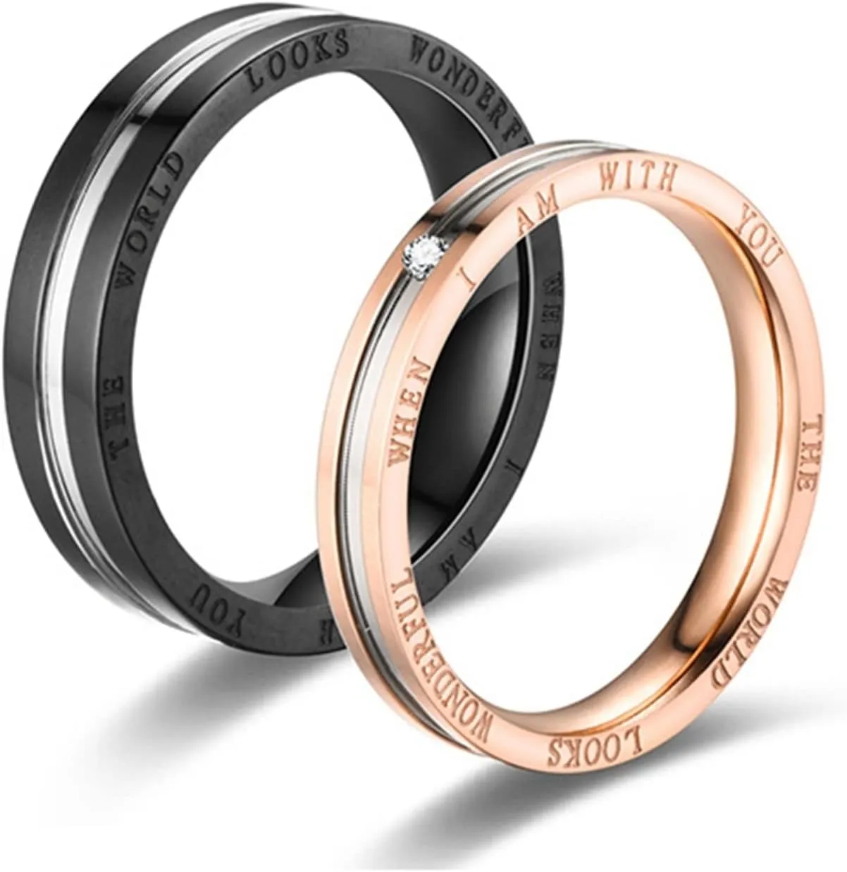 Matching Rings Black Rose Gold Ring The World Looks Wonderful When I Am With You, White Zircon Round Stainless Steel Couple Rings