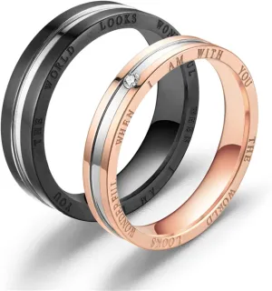 Matching Rings Black Rose Gold Ring The World Looks Wonderful When I Am With You, White Zircon Round Stainless Steel Couple Rings