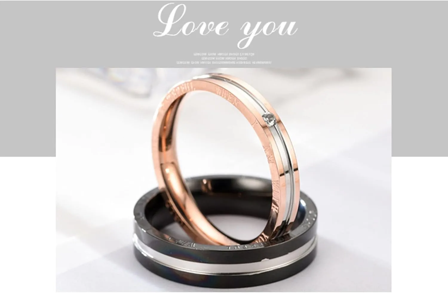 Matching Rings Black Rose Gold Ring The World Looks Wonderful When I Am With You, White Zircon Round Stainless Steel Couple Rings