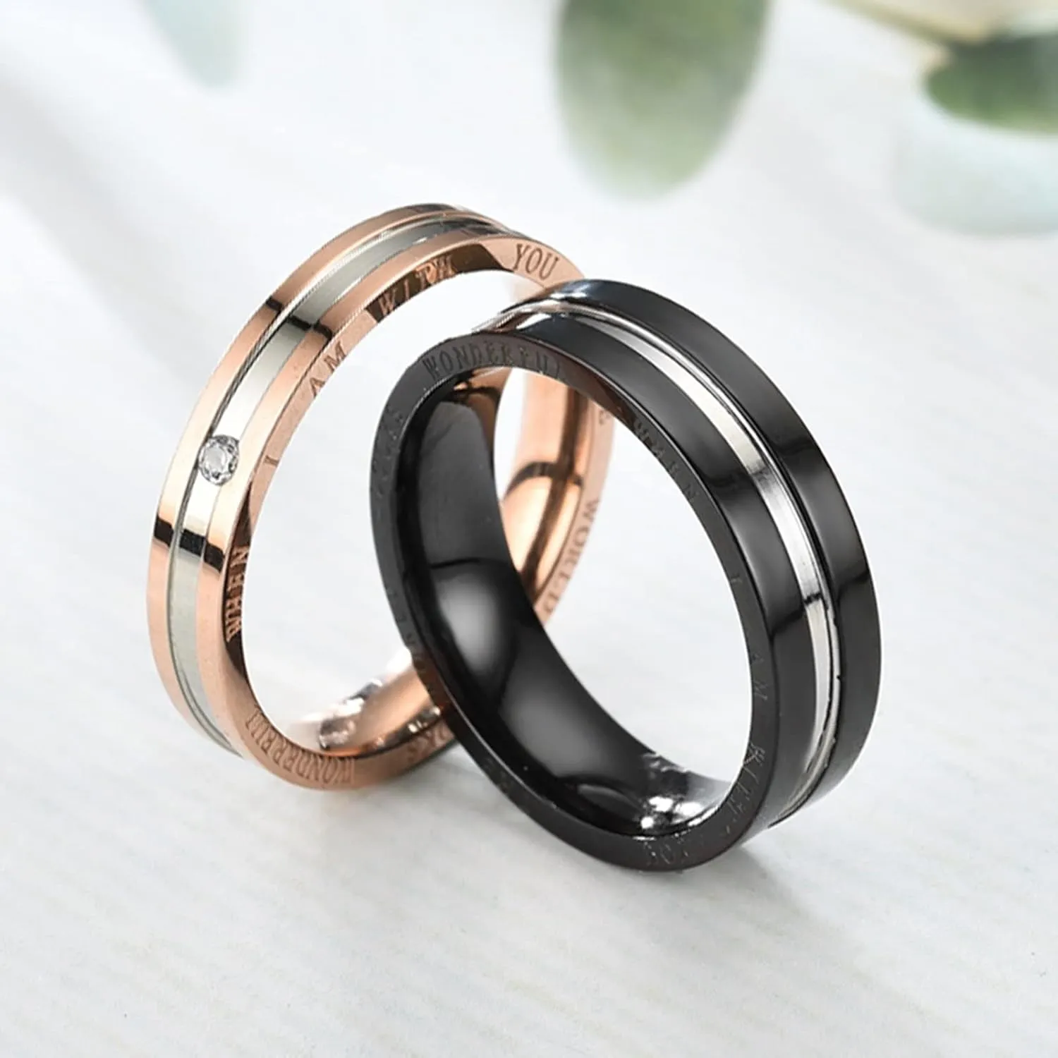 Matching Rings Black Rose Gold Ring The World Looks Wonderful When I Am With You, White Zircon Round Stainless Steel Couple Rings