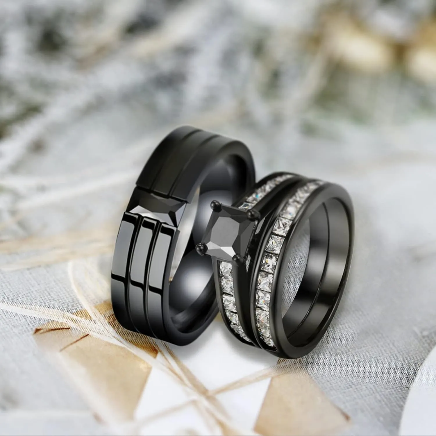 Matching Rings for Couples, Cubic Zirconia Wedding Ring Set for Engagement Valentine's Day