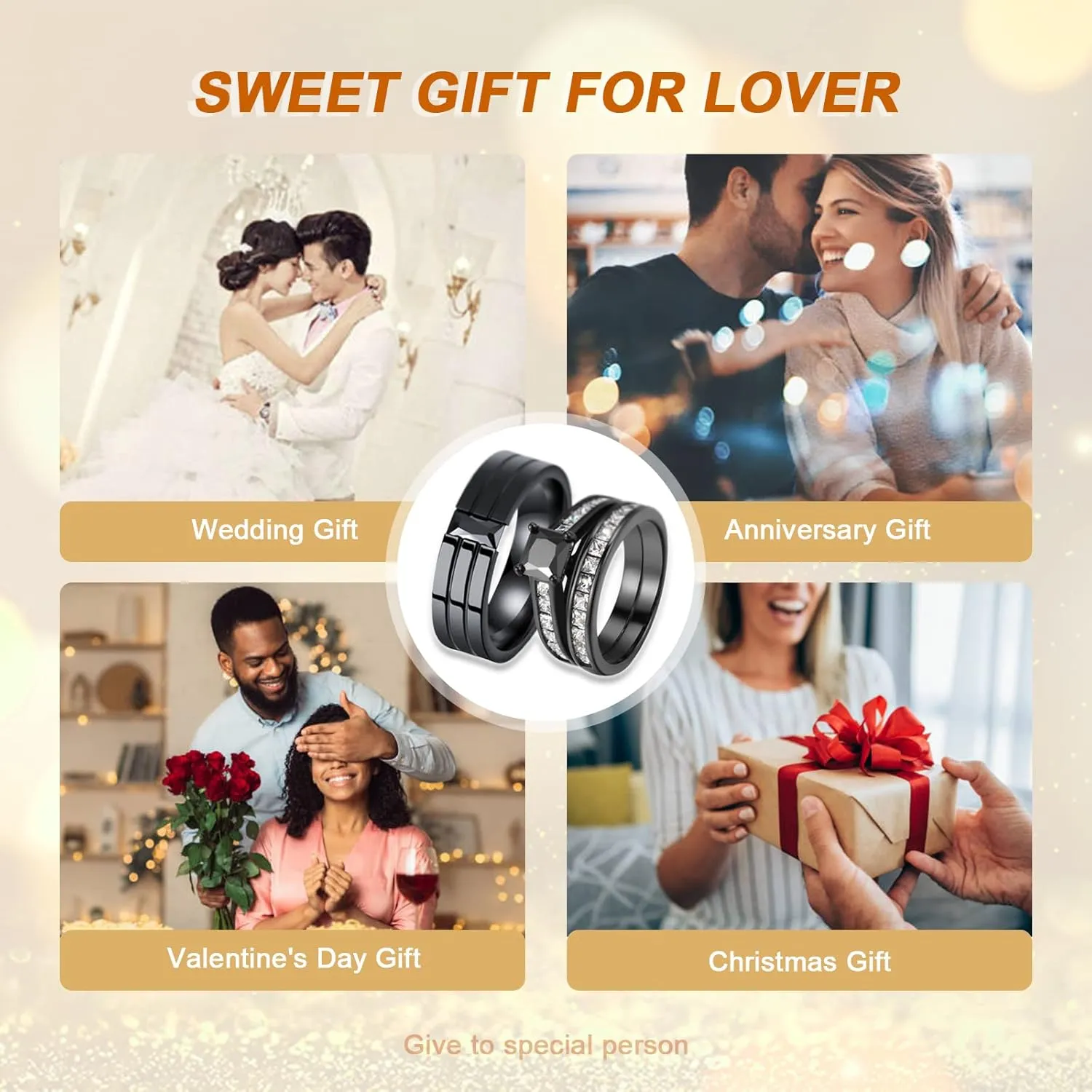 Matching Rings for Couples, Cubic Zirconia Wedding Ring Set for Engagement Valentine's Day