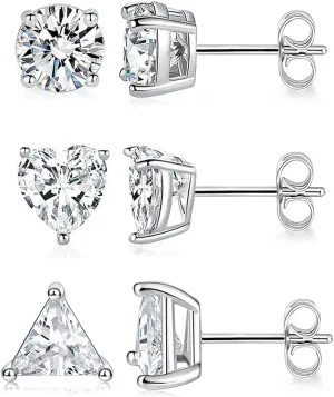MDFUN 3 Pairs Stud Earrings Set for Men Women 18K White Gold Plated Cubic Zirconia Earring Hypoallergenic Ear Jewelry