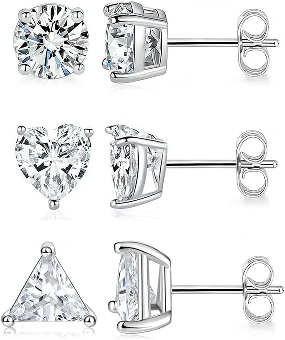 MDFUN 3 Pairs Stud Earrings Set for Men Women 18K White Gold Plated Cubic Zirconia Earring Hypoallergenic Ear Jewelry
