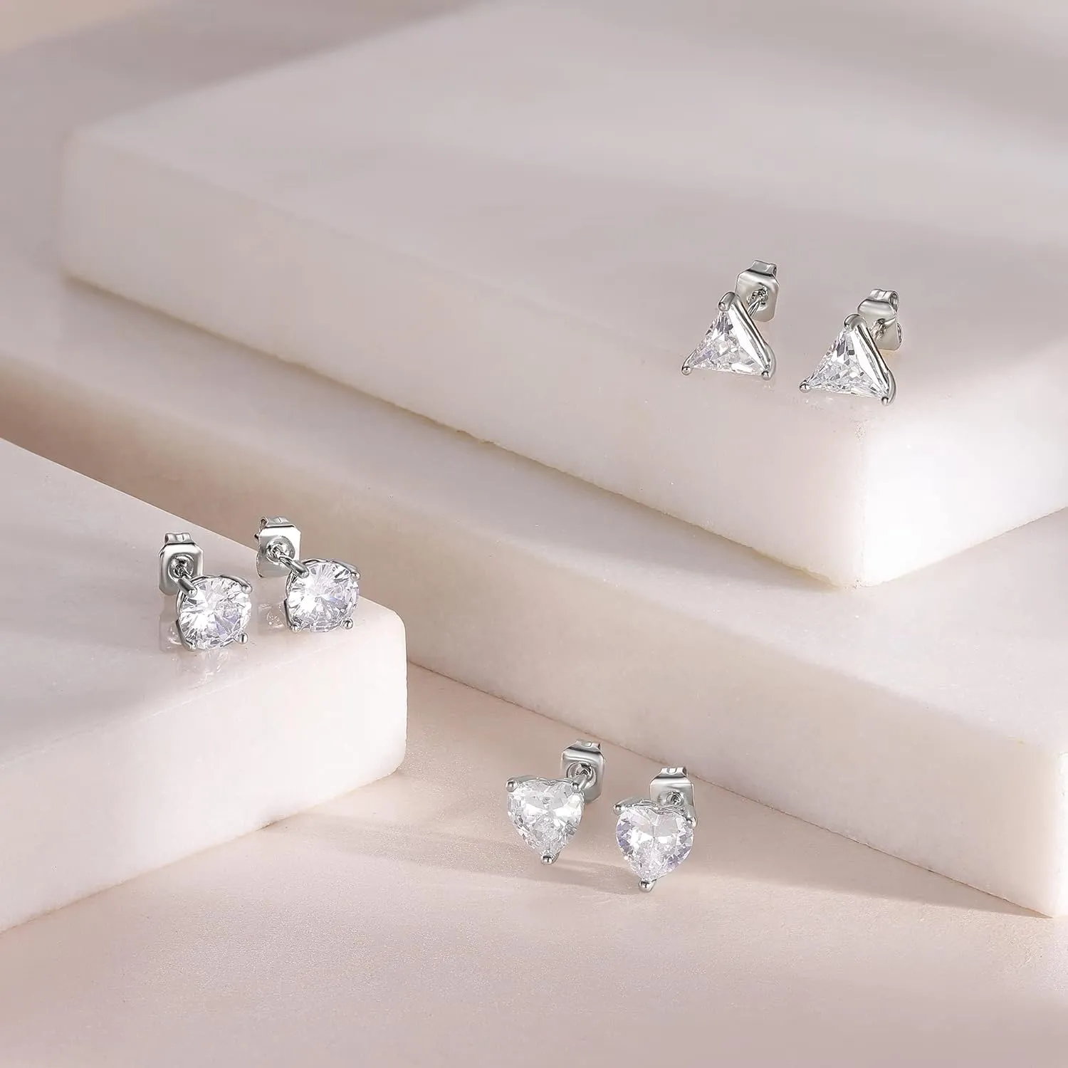 MDFUN 3 Pairs Stud Earrings Set for Men Women 18K White Gold Plated Cubic Zirconia Earring Hypoallergenic Ear Jewelry