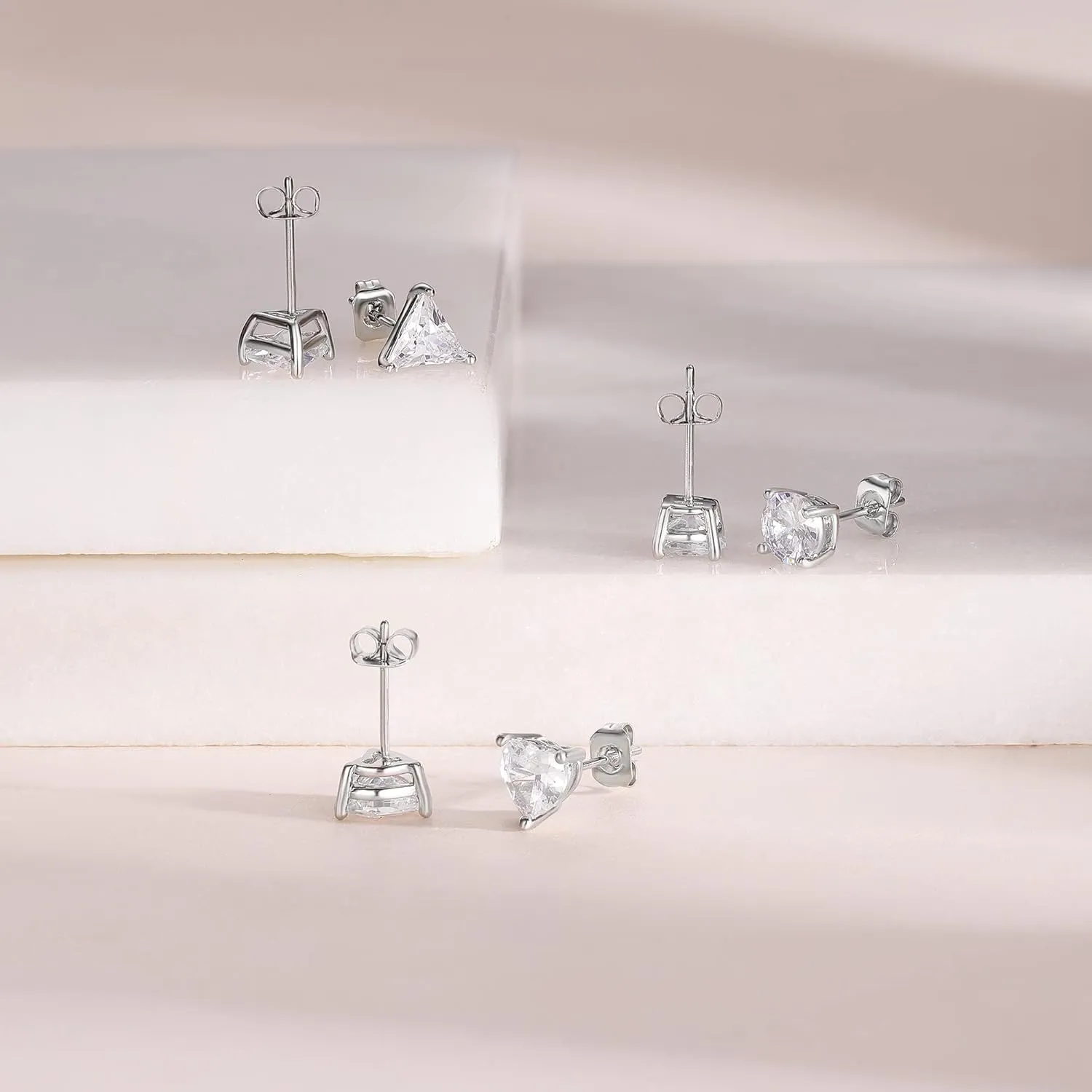 MDFUN 3 Pairs Stud Earrings Set for Men Women 18K White Gold Plated Cubic Zirconia Earring Hypoallergenic Ear Jewelry
