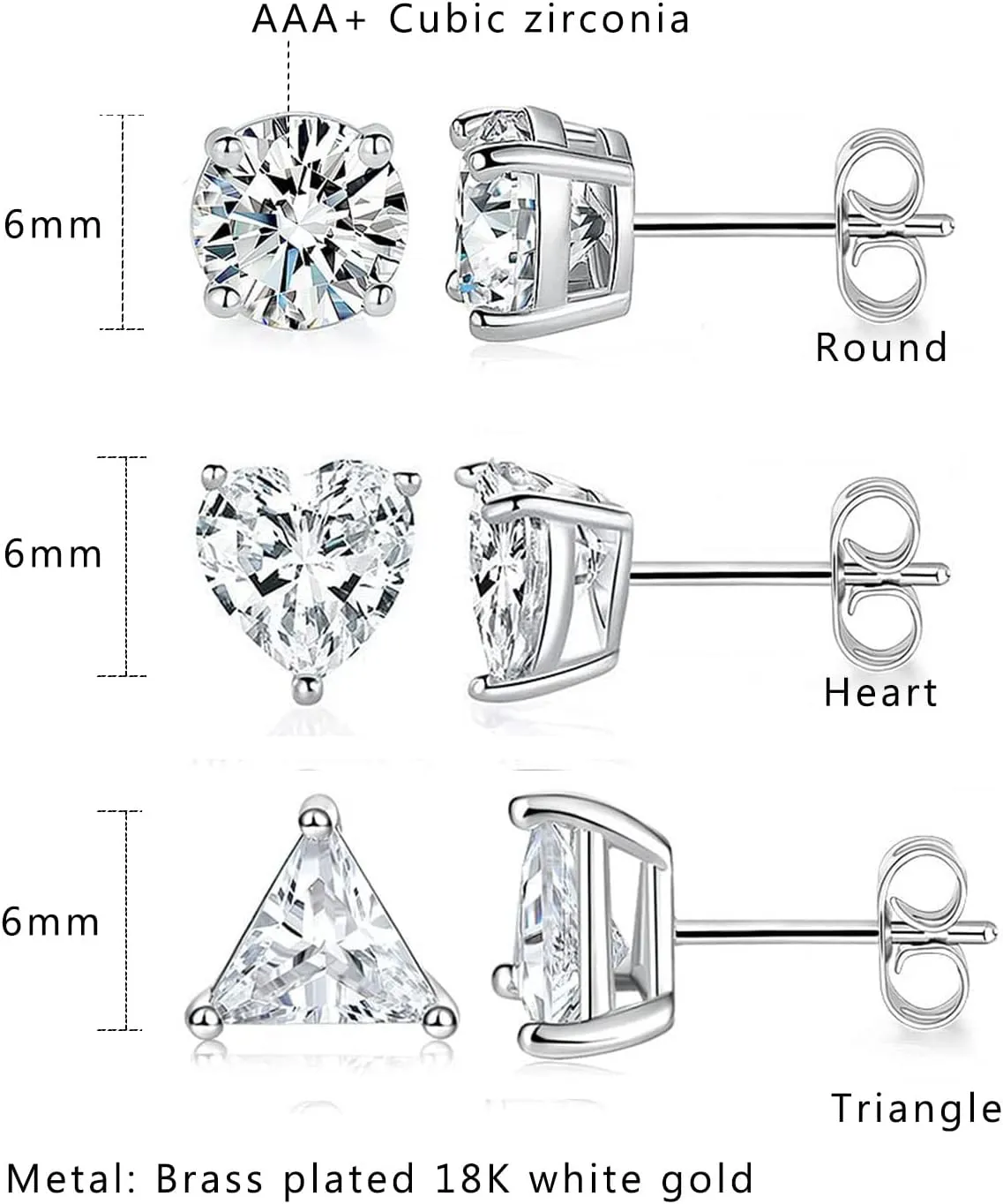 MDFUN 3 Pairs Stud Earrings Set for Men Women 18K White Gold Plated Cubic Zirconia Earring Hypoallergenic Ear Jewelry