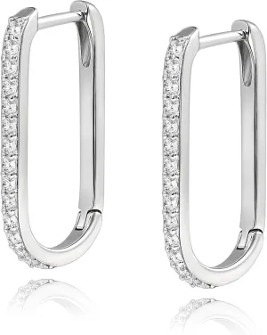 Me&Hz Rectangle Hoop Earrings Cubic Zirconia Huggie Hoop Earring Sterling Silver Plated U Hoops CZ Oval Hoops Earrings Paperclip Chain Link Earring for Women