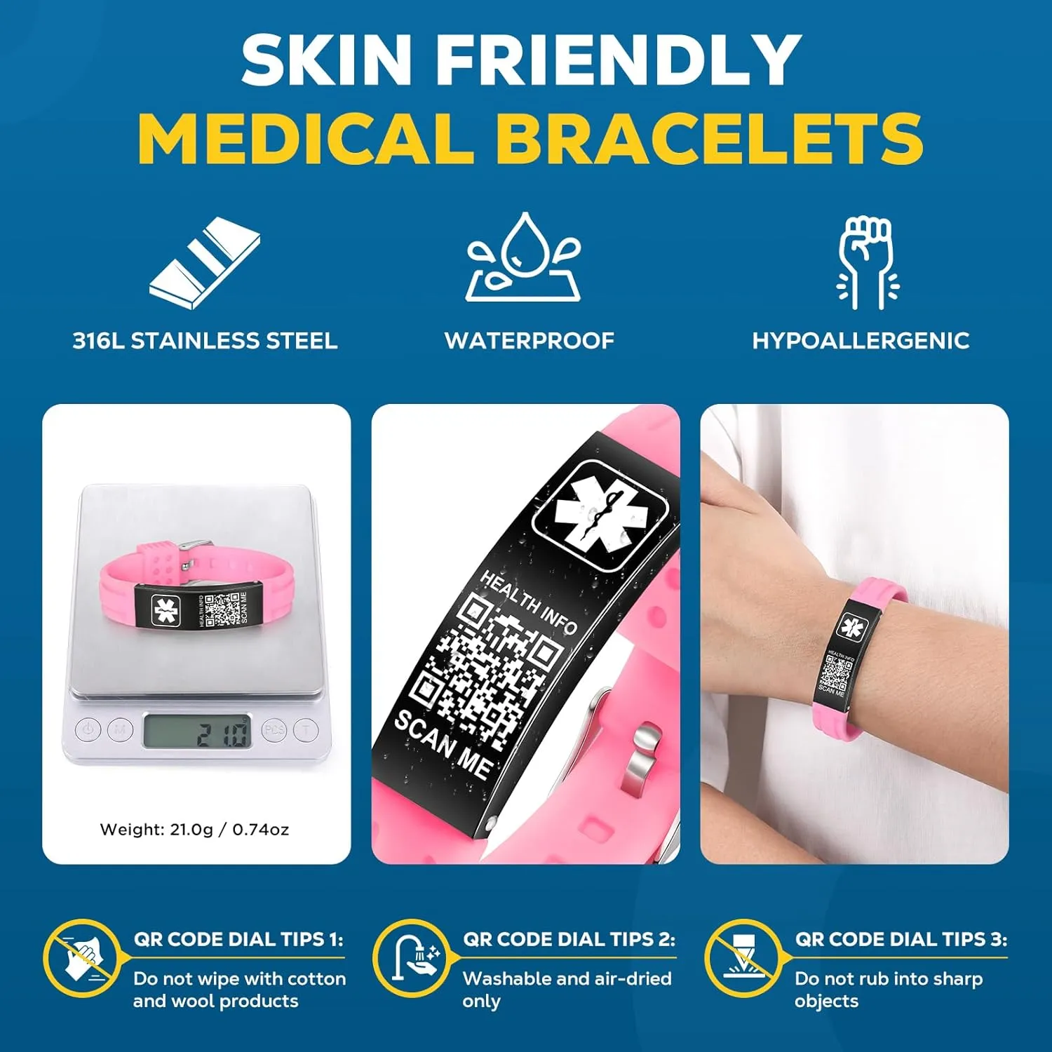 Medical Bracelets for Men Women with QR Code Medical Alert ID Bracelets for Sport Travel - Silicone Waterproof Wristband Fits Wrists Up to 8 inches - More Space Custom Emergency Medic ID Alert Information