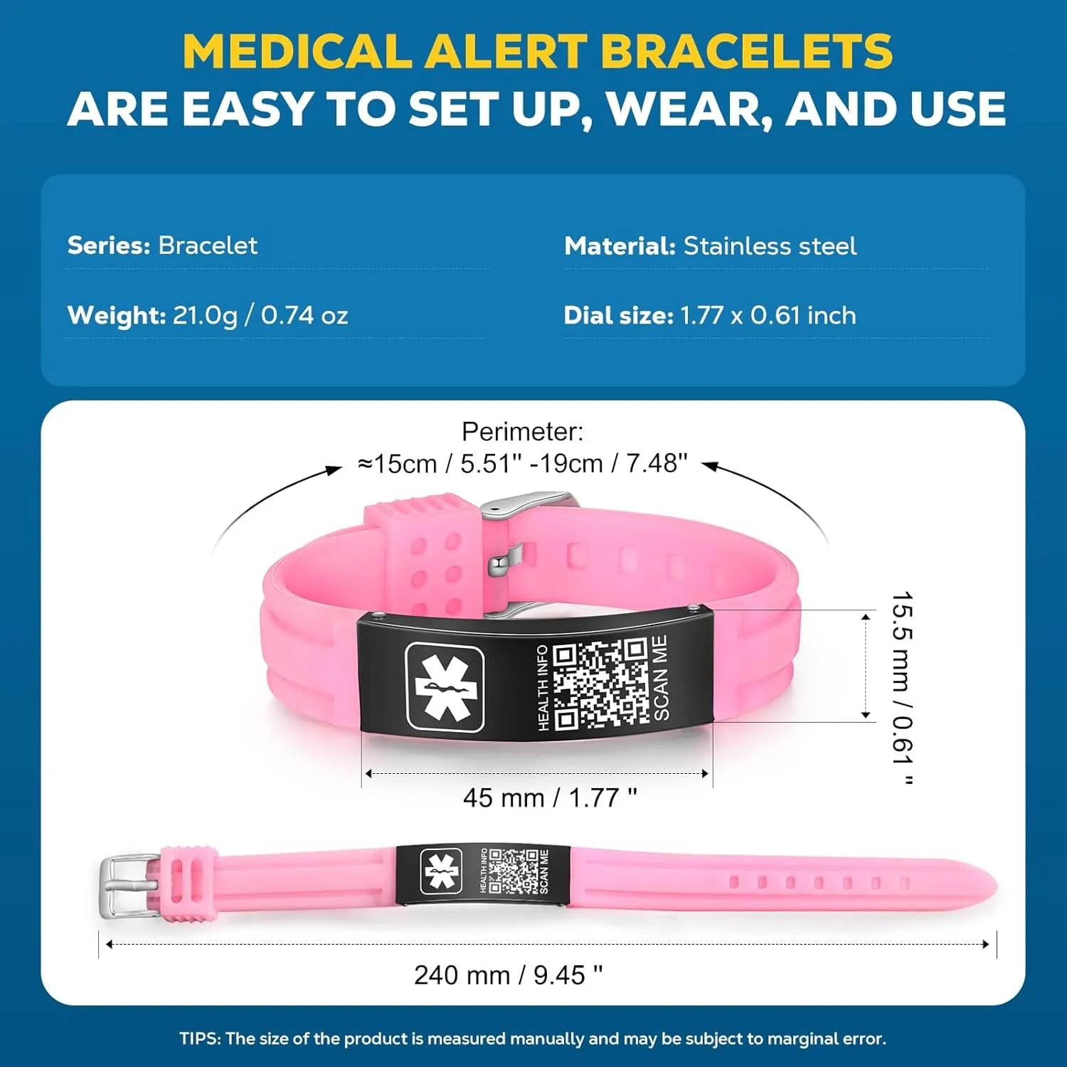 Medical Bracelets for Men Women with QR Code Medical Alert ID Bracelets for Sport Travel - Silicone Waterproof Wristband Fits Wrists Up to 8 inches - More Space Custom Emergency Medic ID Alert Information