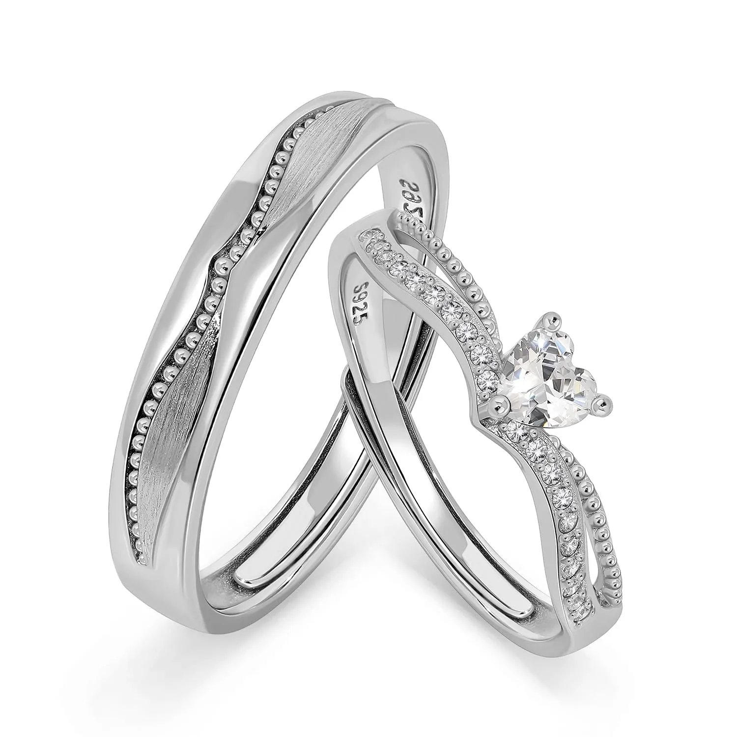 Meissa 2 Pcs Matching Wedding Ring Bands for Couples Sterling Silver Adjustable Promise Rings Mens Womens Couple Rings Set Engagement Rings Anniversary Gifts, Set of Two Rings