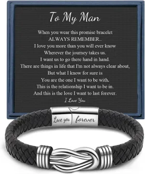 Memgift Knot Bracelets Gifts for Man Christmas Valentines day Gifts Black Braided Leather Infinity Bracelets Lettering Love You Forever Gifts for Son Grandson Husband Boyfriend Brother Man