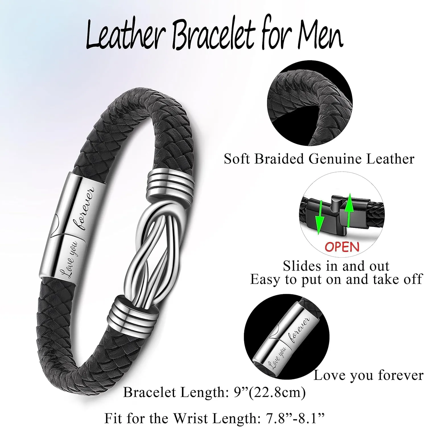 Memgift Knot Bracelets Gifts for Man Christmas Valentines day Gifts Black Braided Leather Infinity Bracelets Lettering Love You Forever Gifts for Son Grandson Husband Boyfriend Brother Man