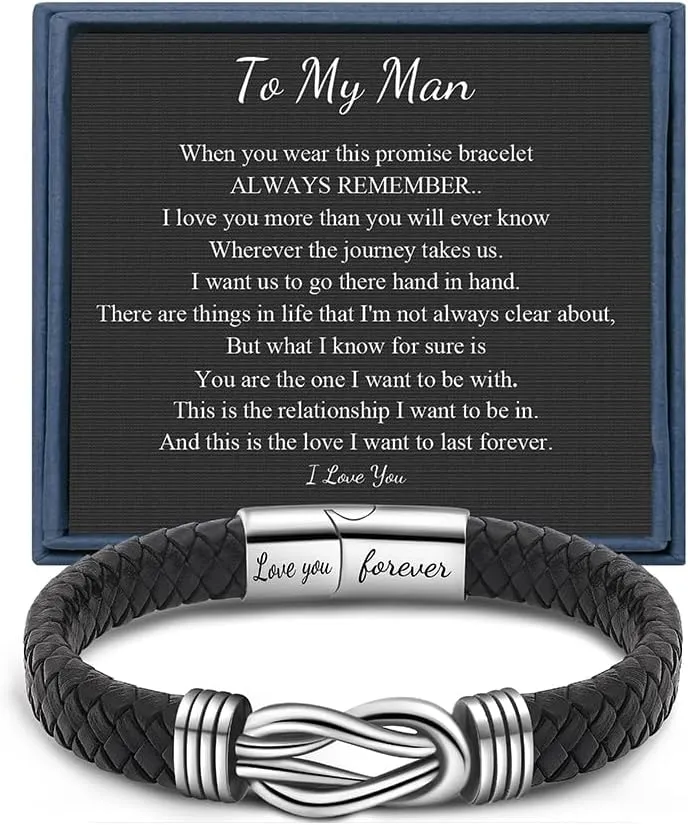 Memgift Knot Bracelets Gifts for Man Christmas Valentines day Gifts Black Braided Leather Infinity Bracelets Lettering Love You Forever Gifts for Son Grandson Husband Boyfriend Brother Man
