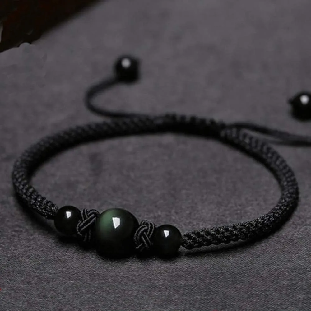 Men Women Hand-woven Lucky Chinese Knot Adjustable Rope Couple Bracelets Natural Red Agate Stone Black Obsidian Ball Beads Braided Handmade Feng Shui Bracelet Lovers Jewelry