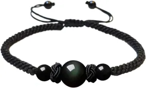 Men Women Hand-woven Lucky Chinese Knot Adjustable Rope Couple Bracelets Natural Red Agate Stone Black Obsidian Ball Beads Braided Handmade Feng Shui Bracelet Lovers Jewelry